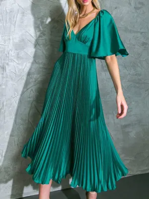 CM-DS655555 Women Elegant Seoul Style V-Neck Waist Cinched Ruffle Short Sleeve Pleated Dress