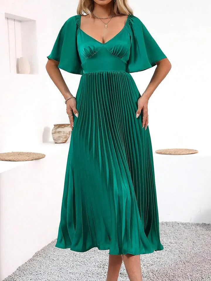 CM-DS655555 Women Elegant Seoul Style V-Neck Waist Cinched Ruffle Short Sleeve Pleated Dress