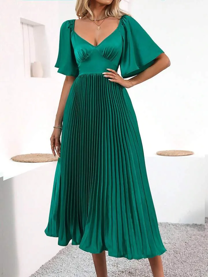CM-DS655555 Women Elegant Seoul Style V-Neck Waist Cinched Ruffle Short Sleeve Pleated Dress
