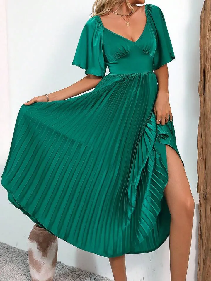 CM-DS655555 Women Elegant Seoul Style V-Neck Waist Cinched Ruffle Short Sleeve Pleated Dress