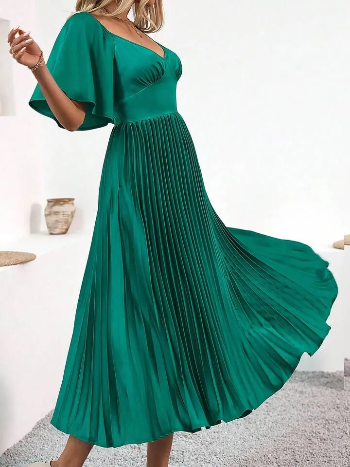 CM-DS655555 Women Elegant Seoul Style V-Neck Waist Cinched Ruffle Short Sleeve Pleated Dress