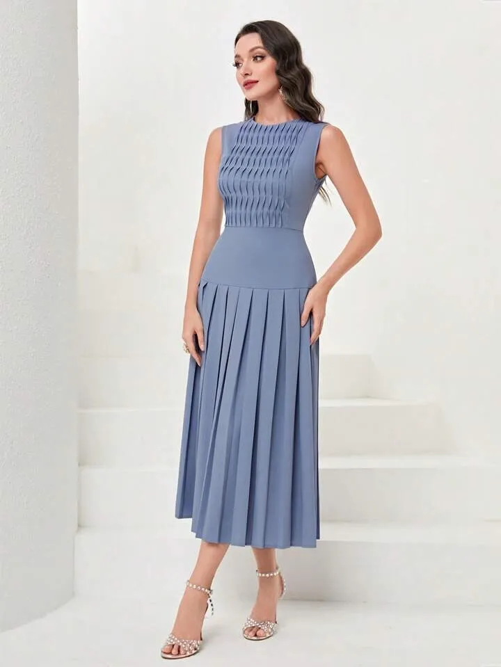 CM-DS777891 Women Elegant Seoul Style Sleeveless Solid Pleated Hem Dress - Dusty Blue