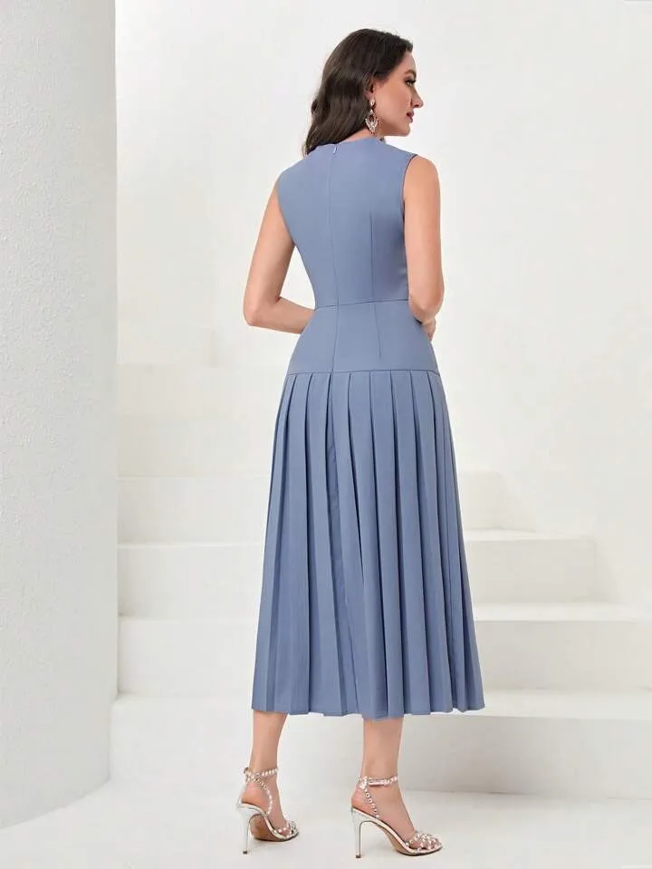 CM-DS777891 Women Elegant Seoul Style Sleeveless Solid Pleated Hem Dress - Dusty Blue