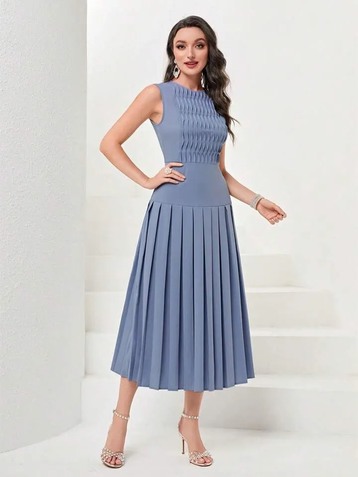 CM-DS777891 Women Elegant Seoul Style Sleeveless Solid Pleated Hem Dress - Dusty Blue