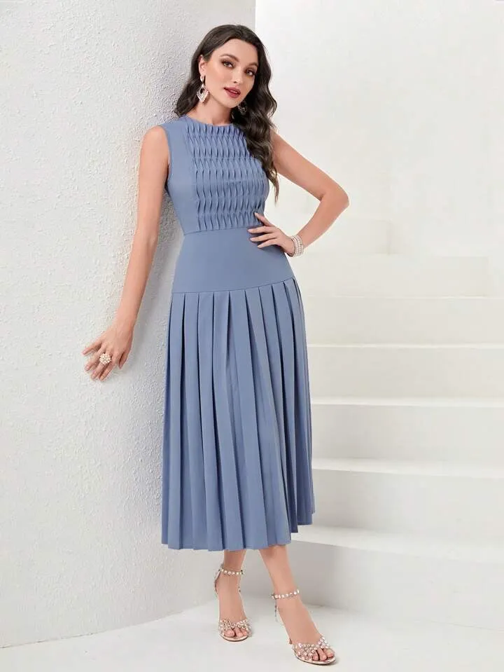 CM-DS777891 Women Elegant Seoul Style Sleeveless Solid Pleated Hem Dress - Dusty Blue