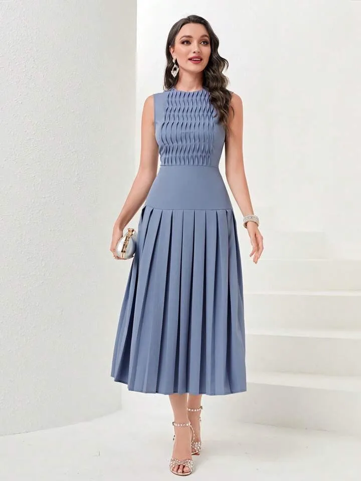 CM-DS777891 Women Elegant Seoul Style Sleeveless Solid Pleated Hem Dress - Dusty Blue