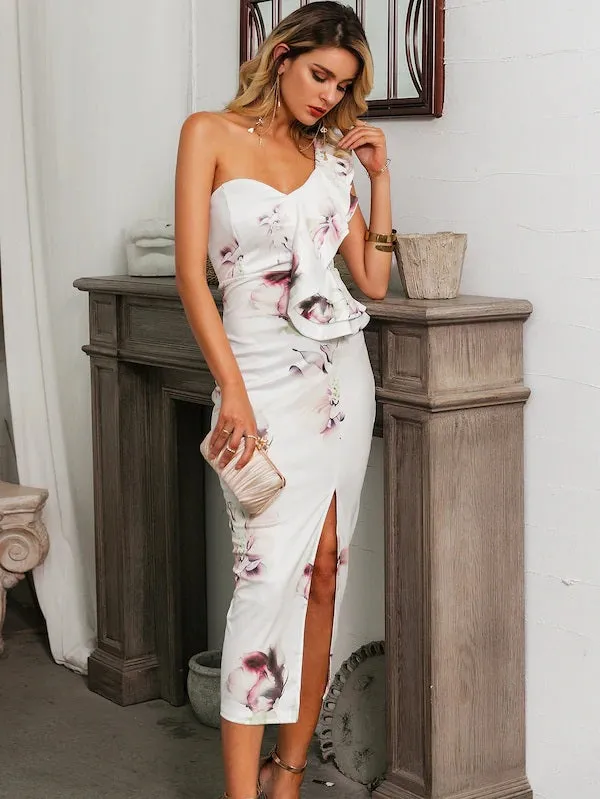 CM-DS830385 Women Elegant Seoul Style Floral One Shoulder Ruffle Split Hem Dress - White