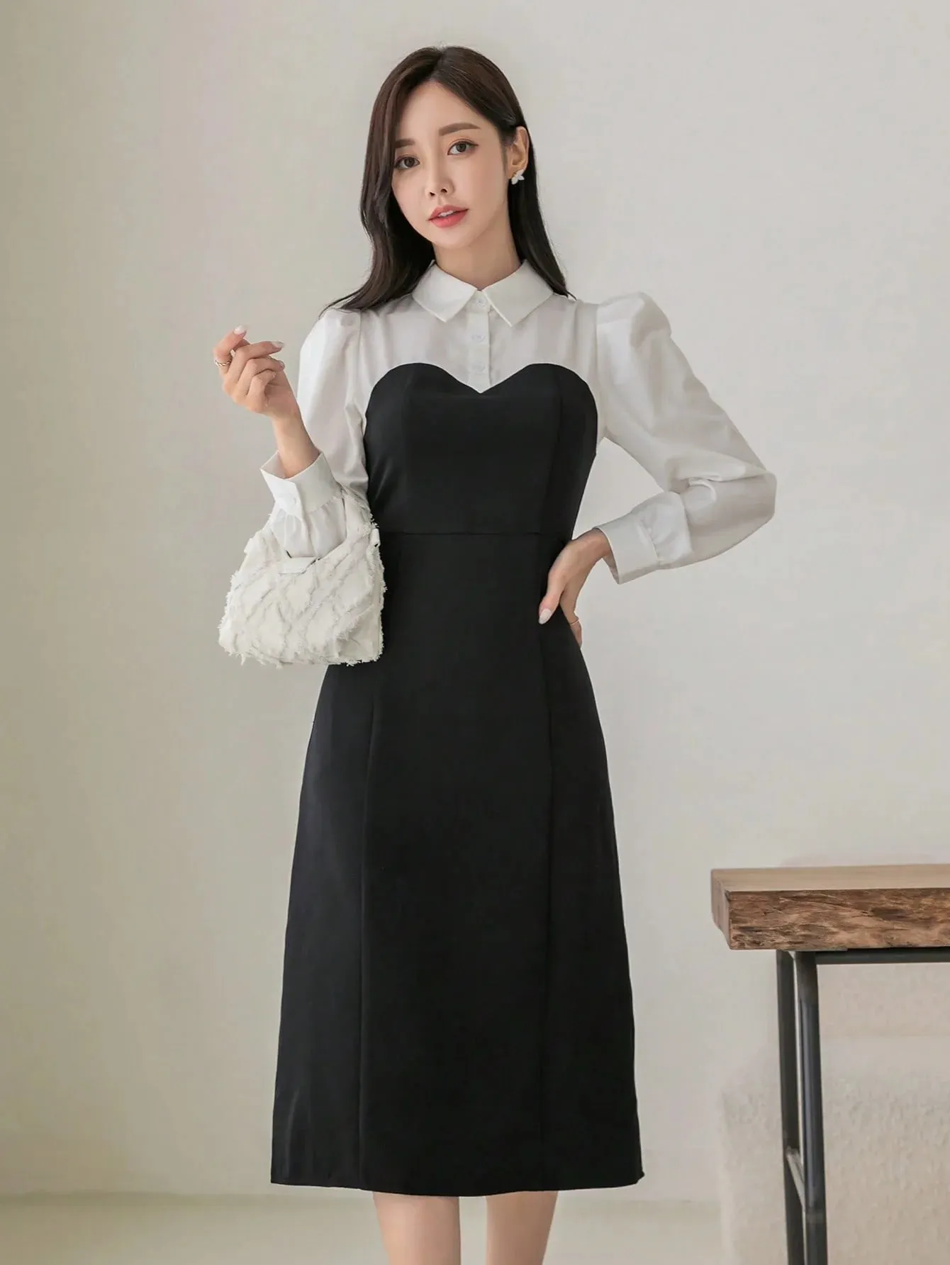CM-DS888195 Women Elegant Seoul Style Collar Neckline Two Tone Puff Sleeve Dress
