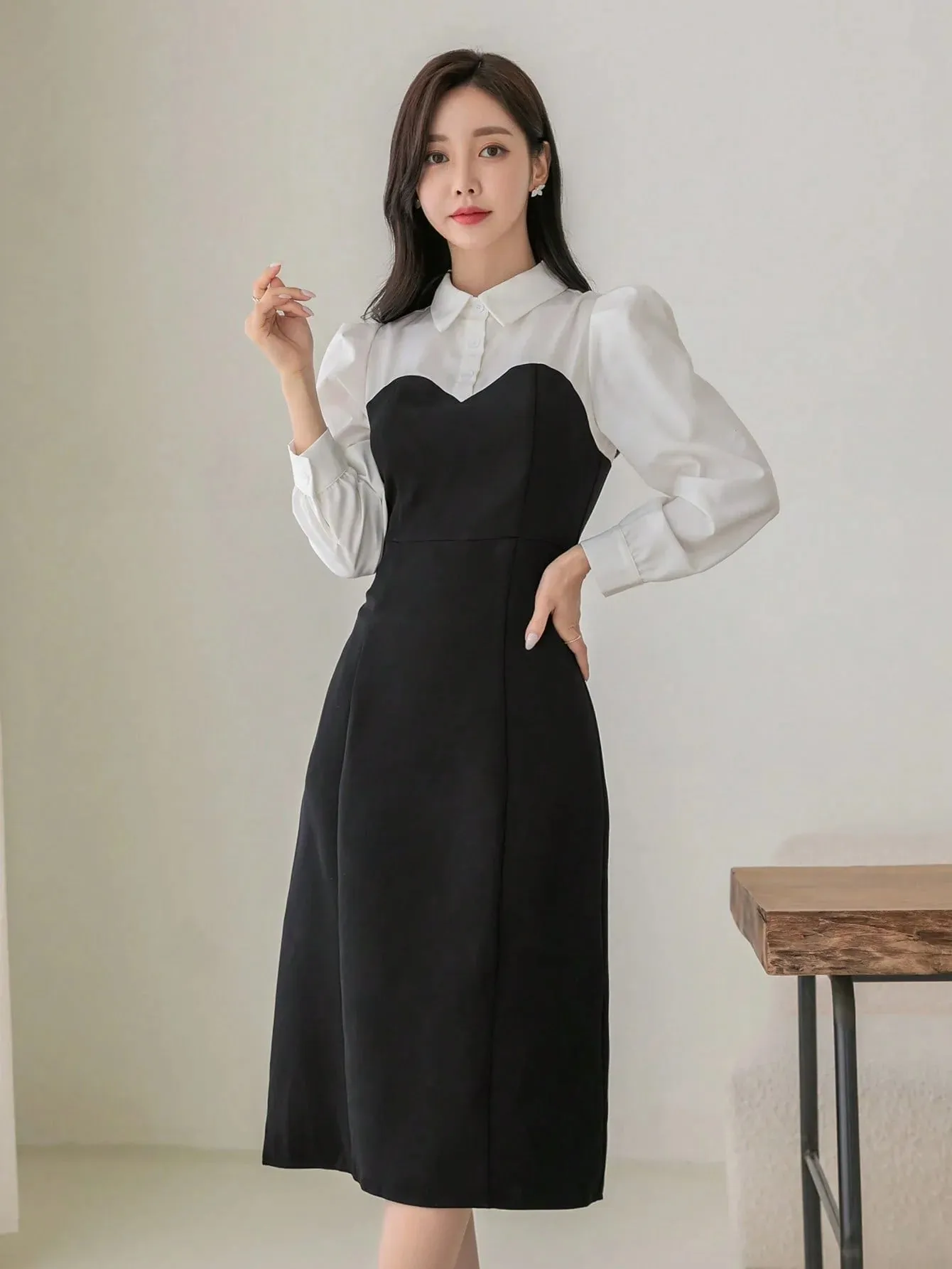 CM-DS888195 Women Elegant Seoul Style Collar Neckline Two Tone Puff Sleeve Dress