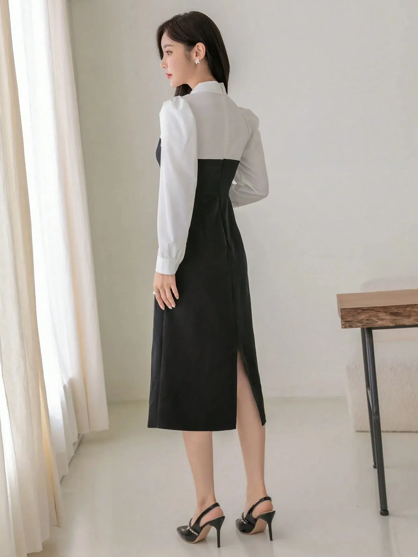 CM-DS888195 Women Elegant Seoul Style Collar Neckline Two Tone Puff Sleeve Dress