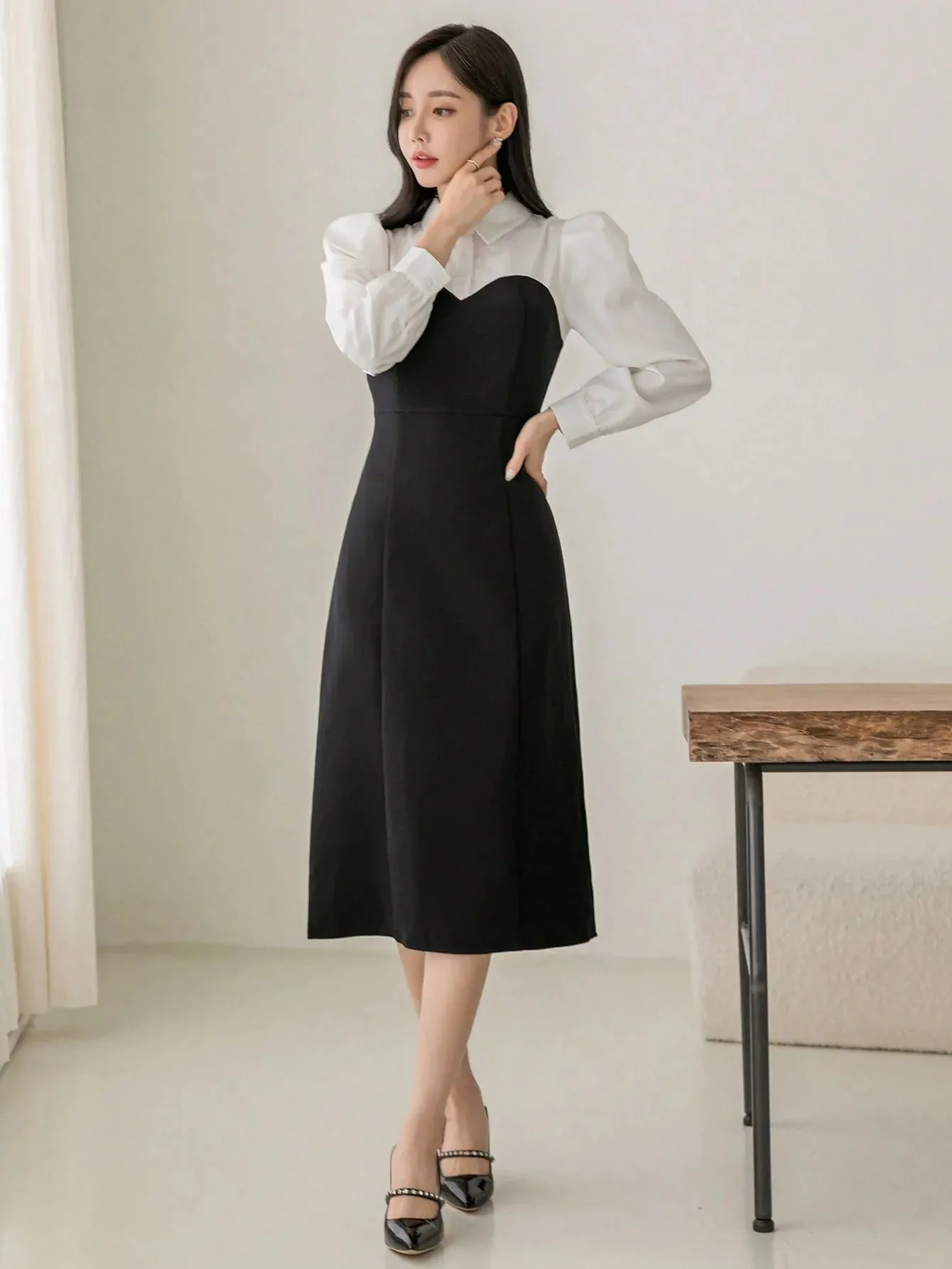 CM-DS888195 Women Elegant Seoul Style Collar Neckline Two Tone Puff Sleeve Dress