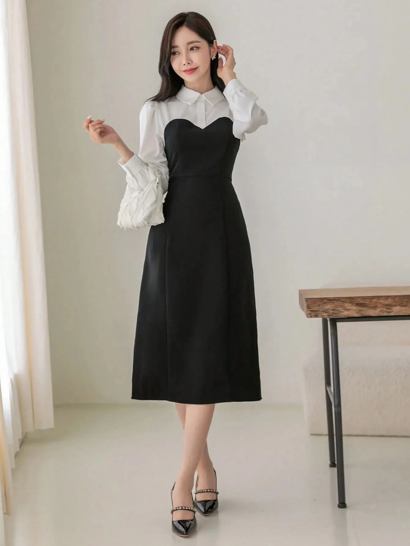 CM-DS888195 Women Elegant Seoul Style Collar Neckline Two Tone Puff Sleeve Dress
