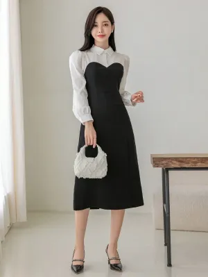 CM-DS888195 Women Elegant Seoul Style Collar Neckline Two Tone Puff Sleeve Dress