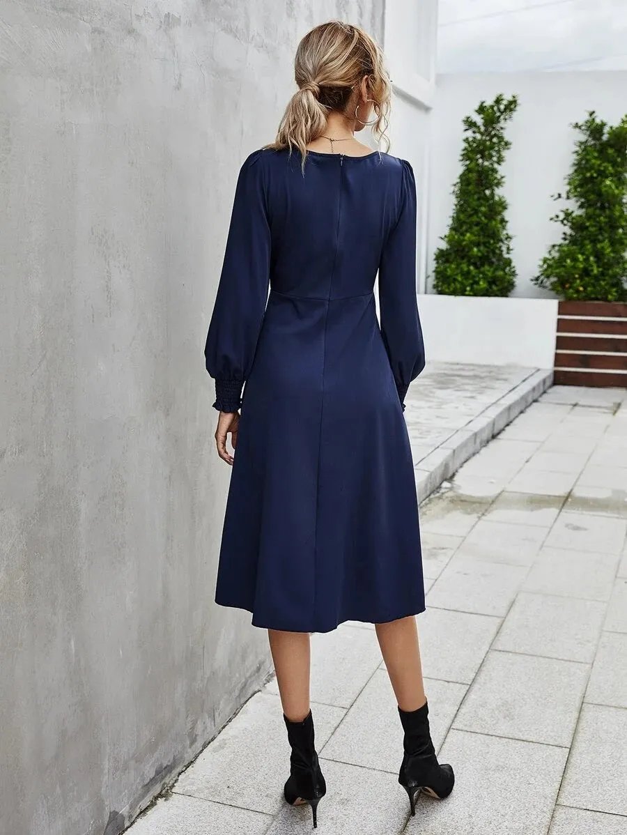 CM-DS901824 Women Elegant Seoul Style Long Sleeve Shirred Cuff Split Thigh Dress - Navy Blue