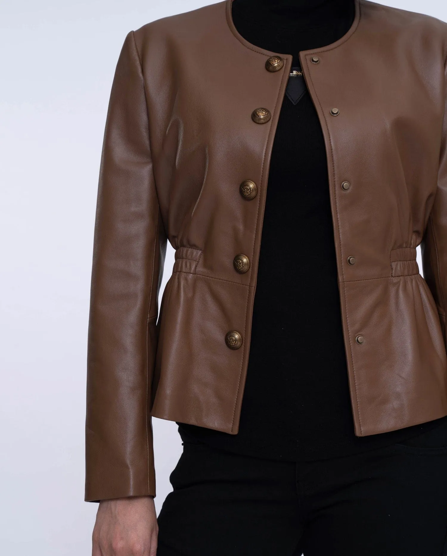 Coffee Brown Cropped Leather Jacket Elastic Waist