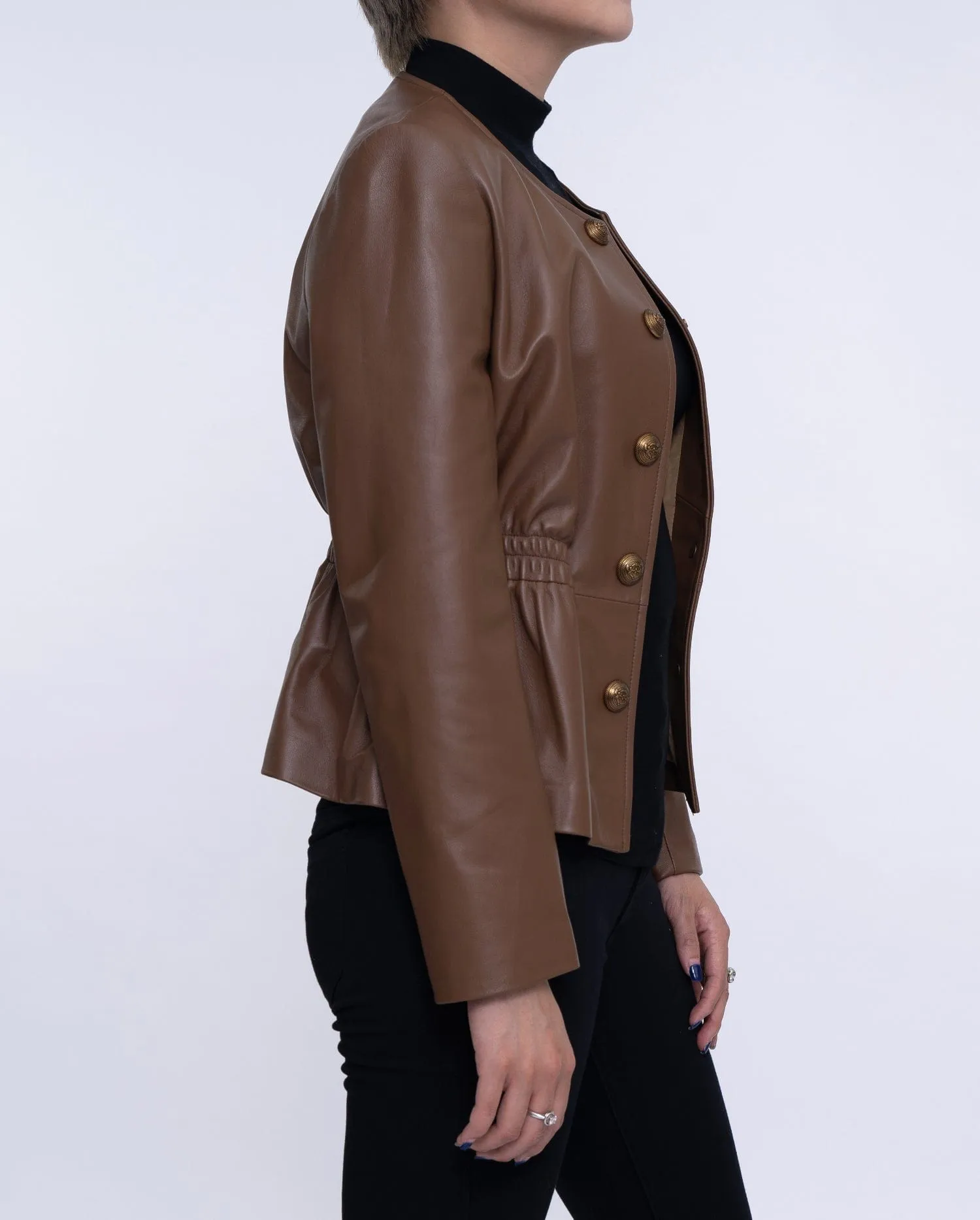 Coffee Brown Cropped Leather Jacket Elastic Waist