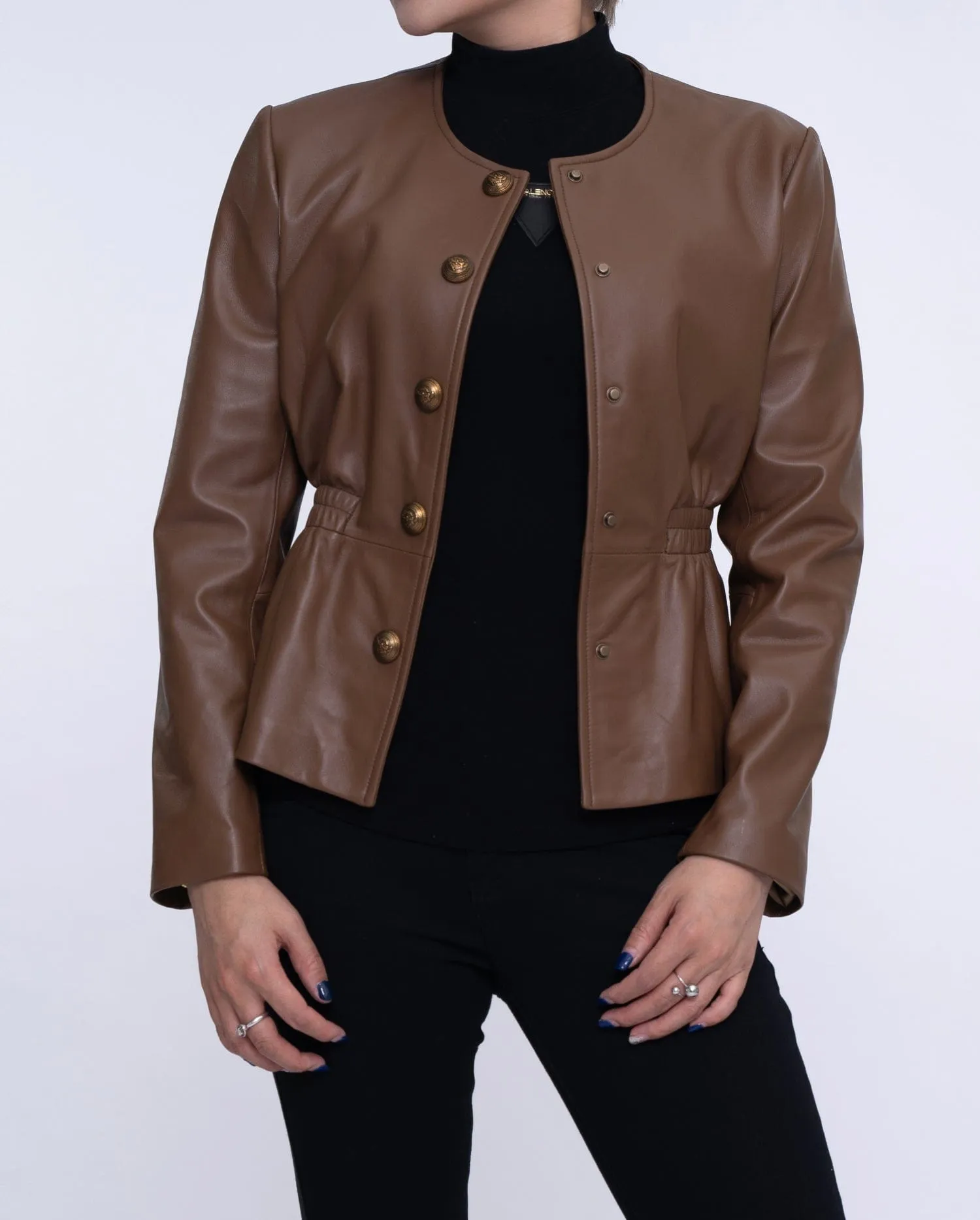 Coffee Brown Cropped Leather Jacket Elastic Waist