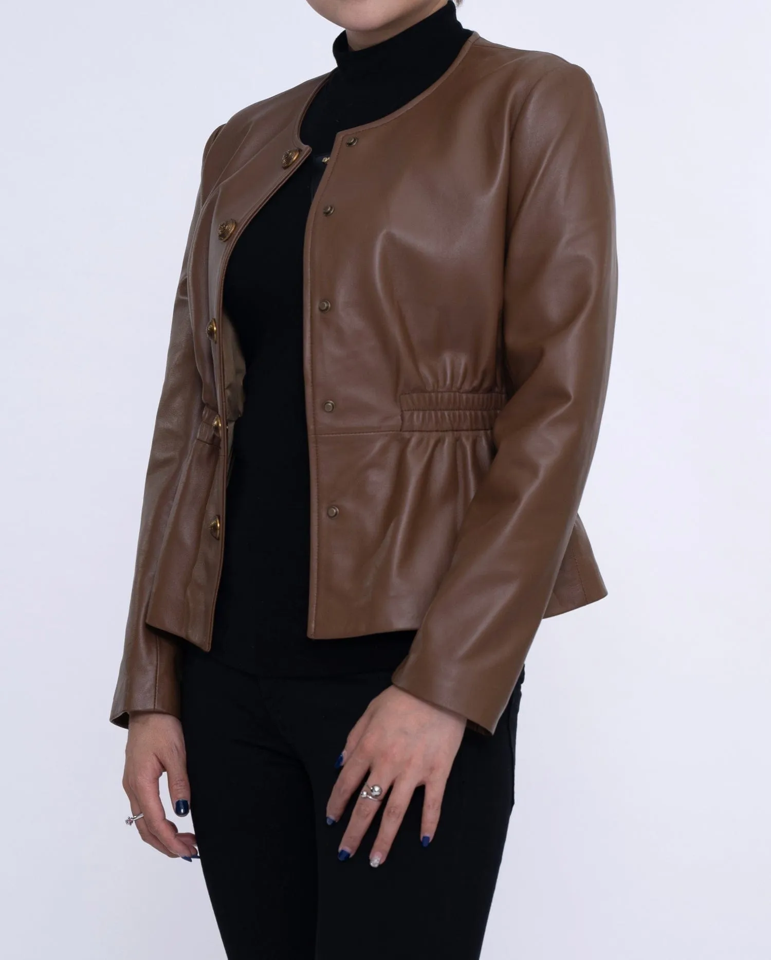 Coffee Brown Cropped Leather Jacket Elastic Waist
