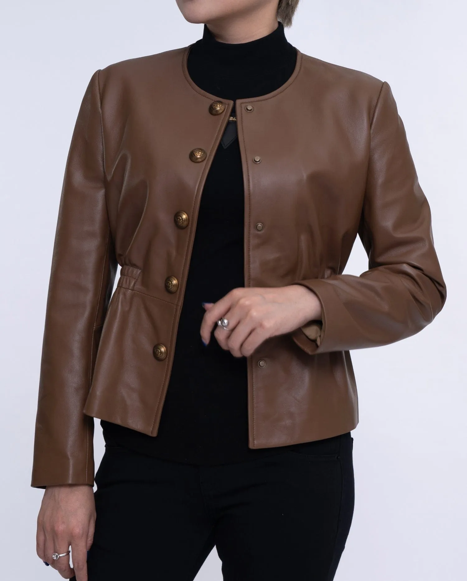 Coffee Brown Cropped Leather Jacket Elastic Waist