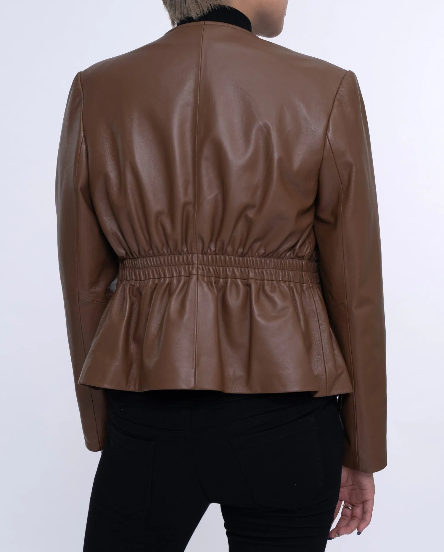 Coffee Brown Cropped Leather Jacket Elastic Waist