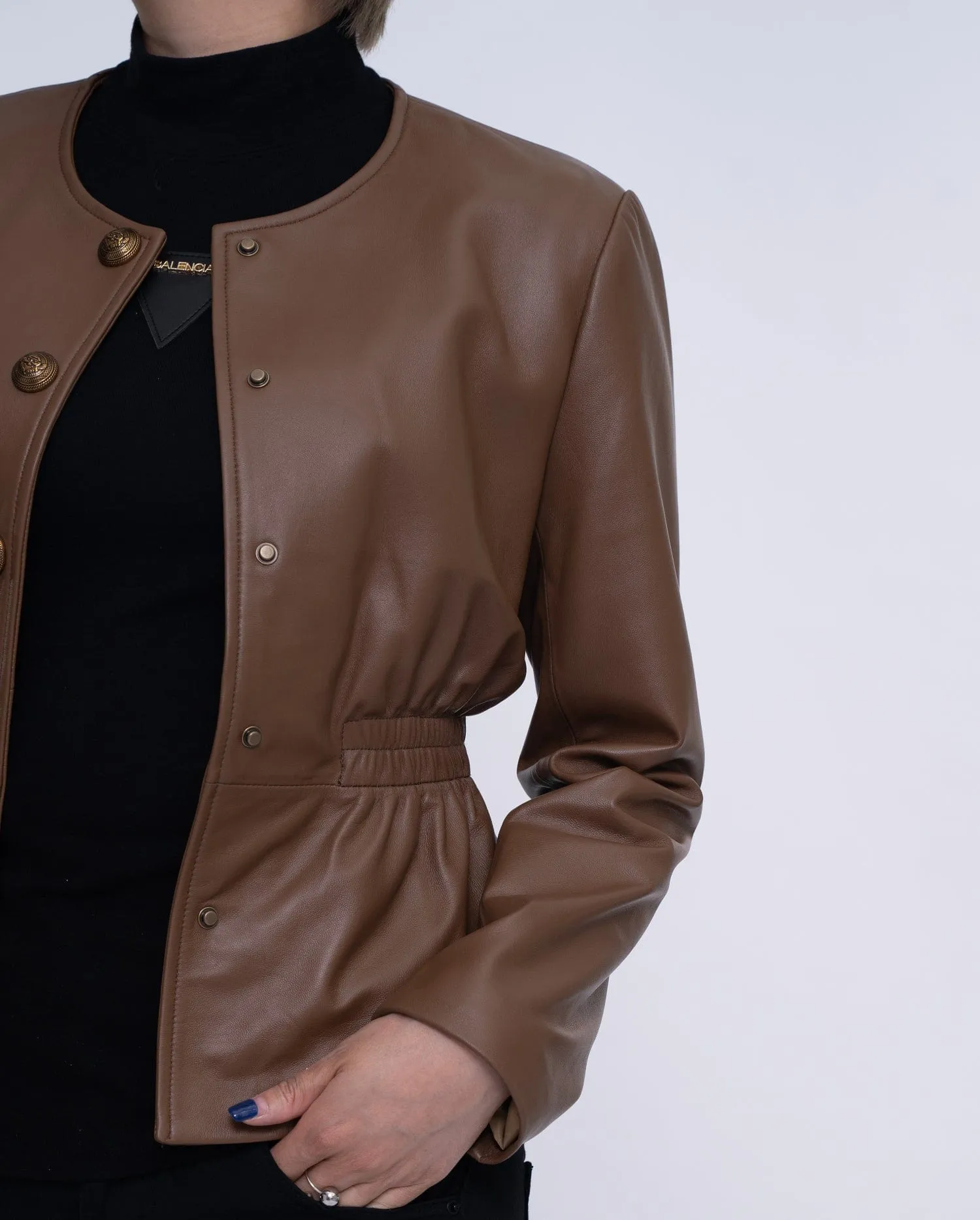 Coffee Brown Cropped Leather Jacket Elastic Waist