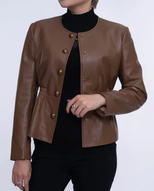 Coffee Brown Cropped Leather Jacket Elastic Waist