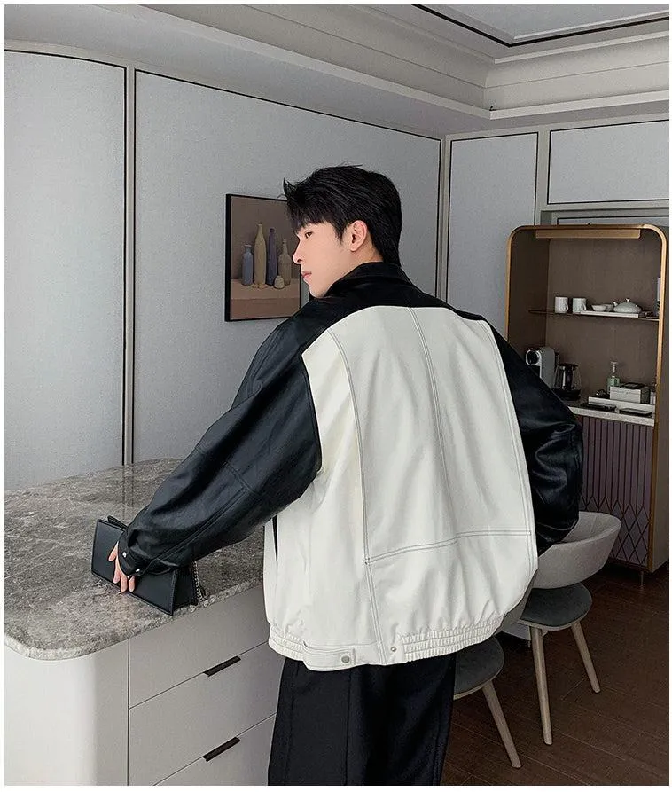 Colorblock Pu Leather Zip Jacket