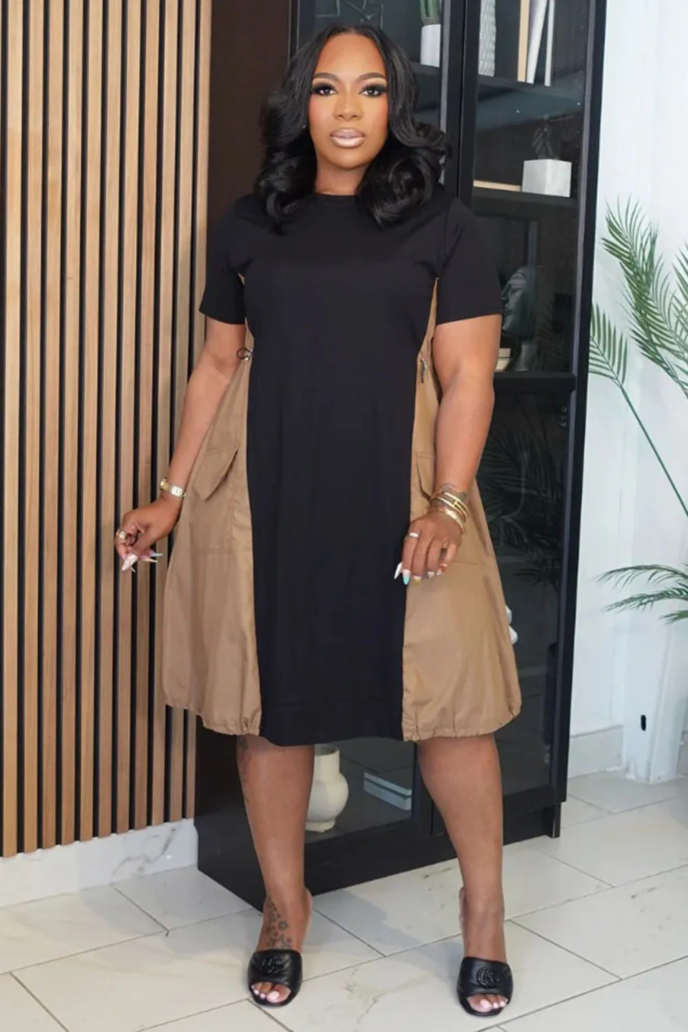 Colorblock Short Sleeve Ruched Hem Cargo Midi Dresses-Khaki [Pre Order]