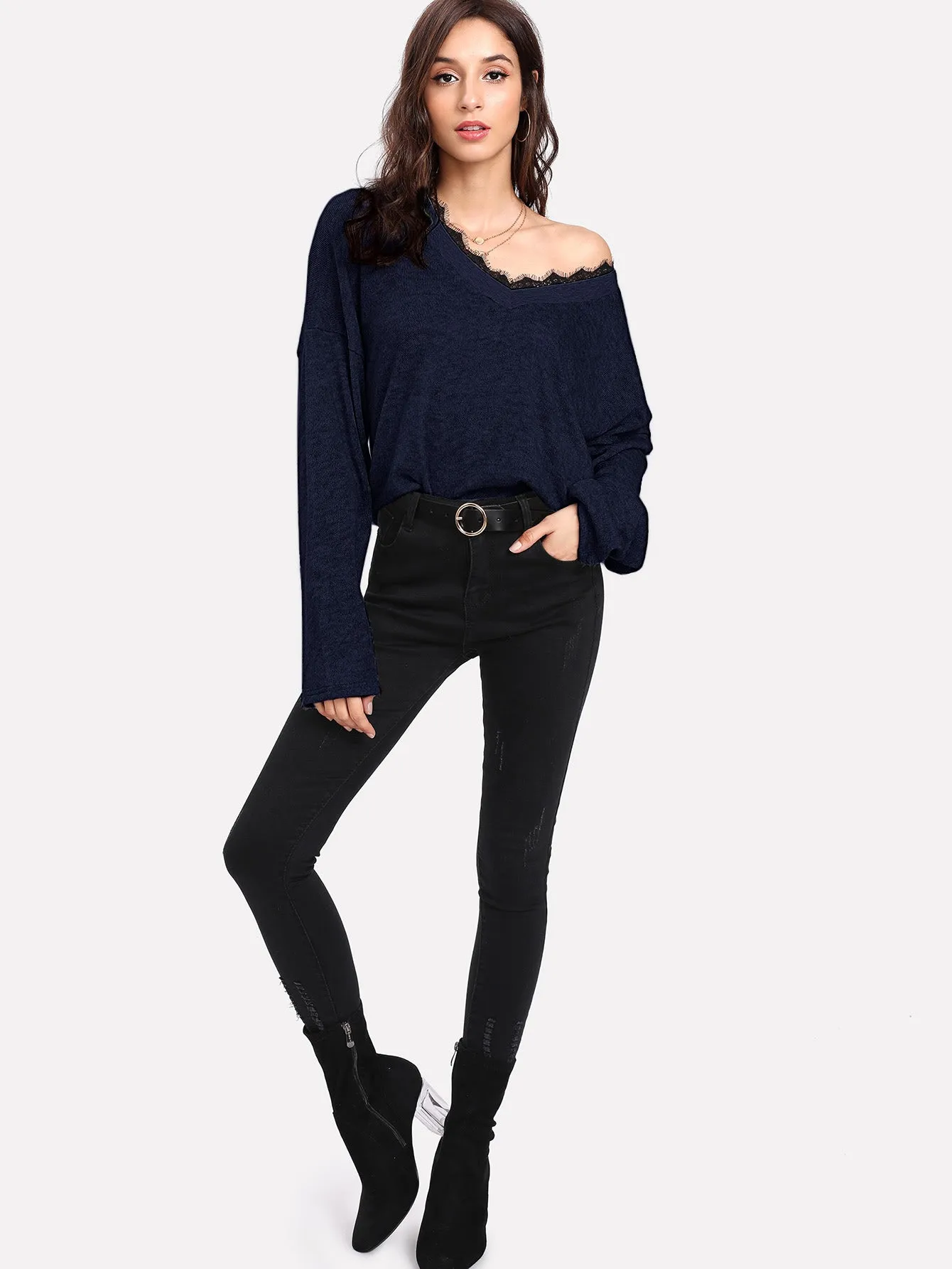 Contrast Eyelash Lace Drop Shoulder Jumper