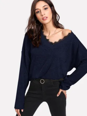 Contrast Eyelash Lace Drop Shoulder Jumper