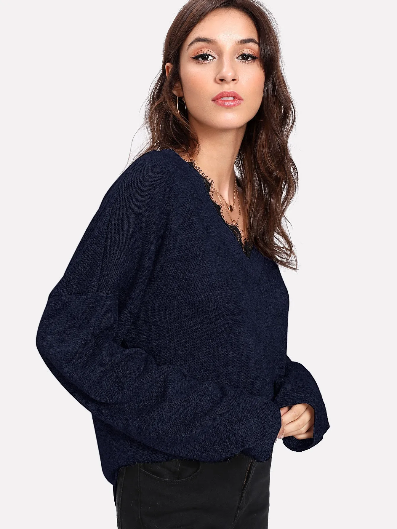 Contrast Eyelash Lace Drop Shoulder Jumper