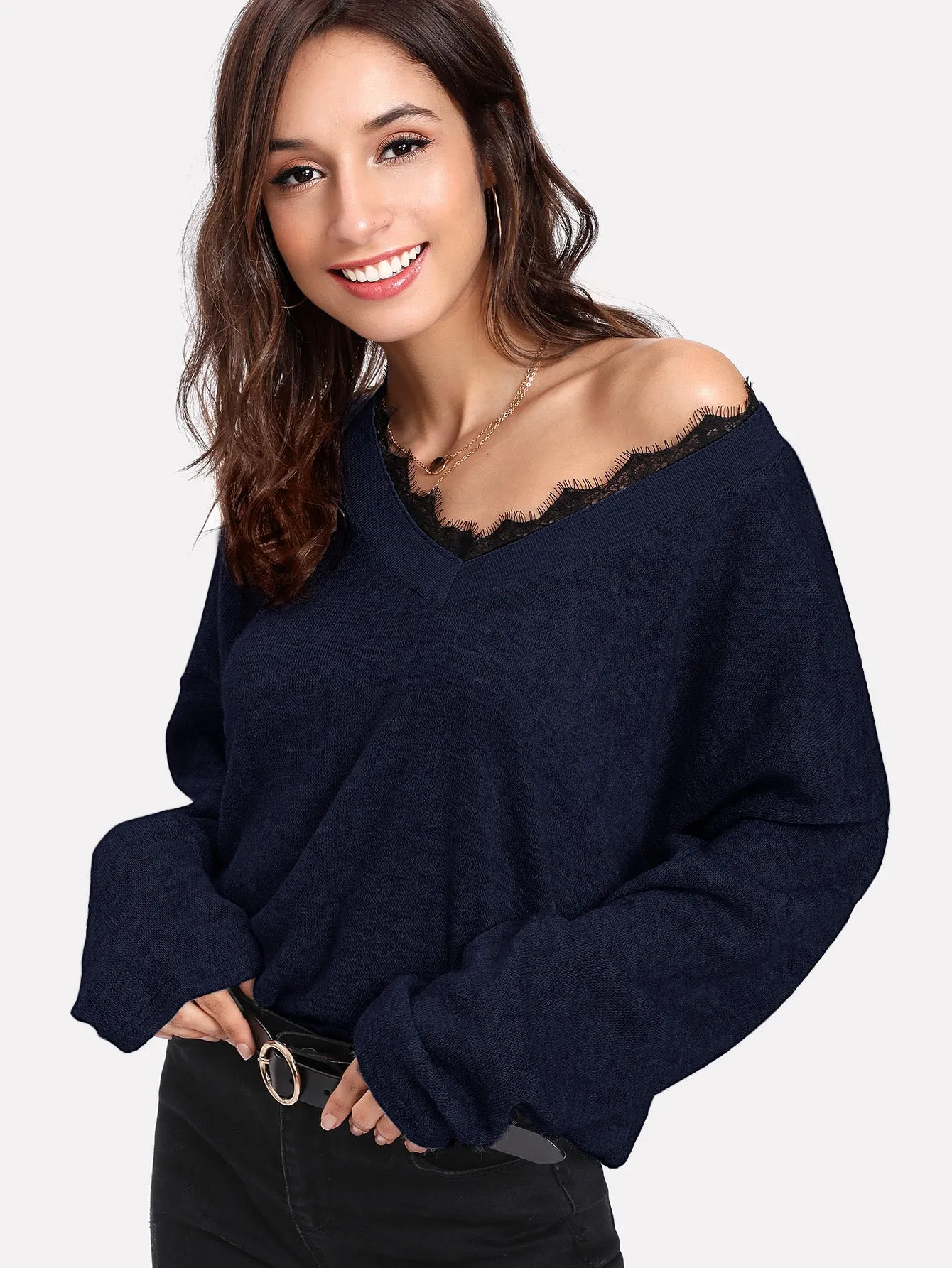 Contrast Eyelash Lace Drop Shoulder Jumper