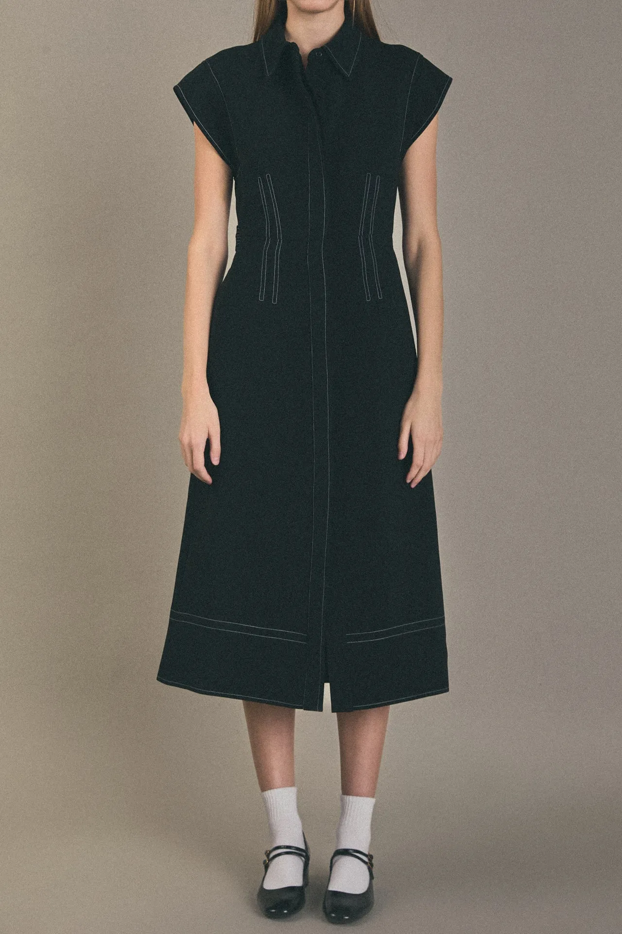 Contrast Stitch Shirt Midi Dress