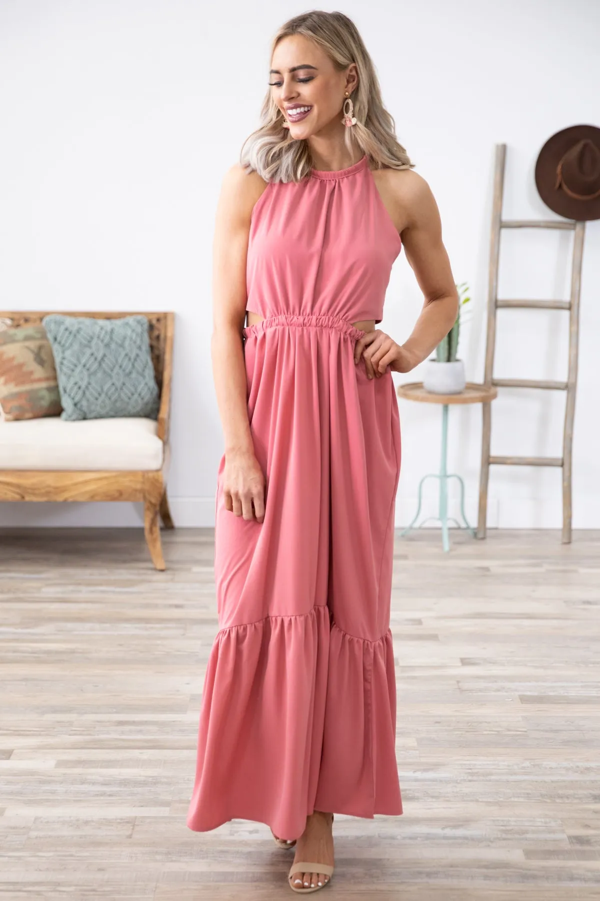Coral Maxi Dress with Side Cutouts