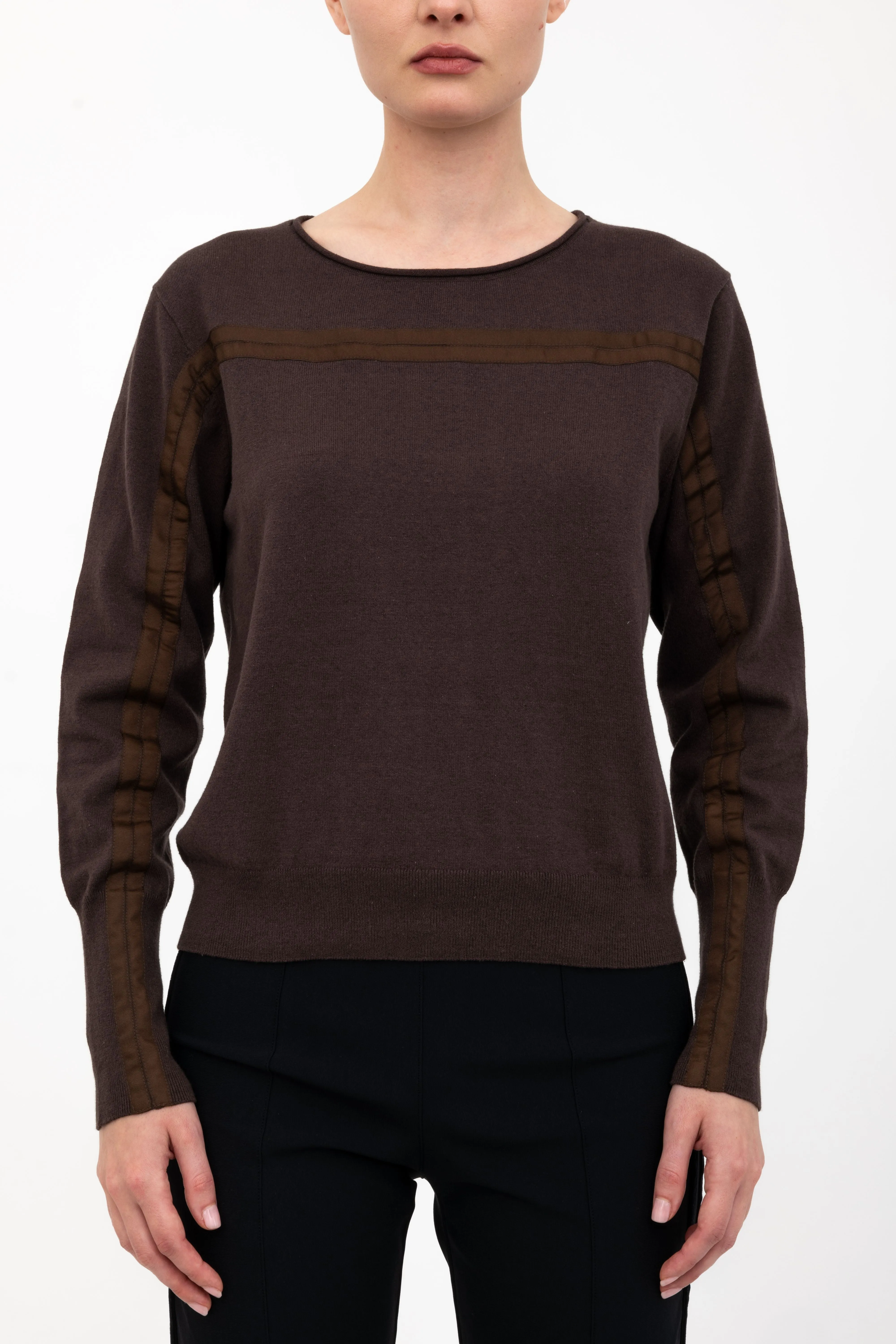Cotton Crew Neck Knit Top with Grosgrain Trim - AMBRELLE