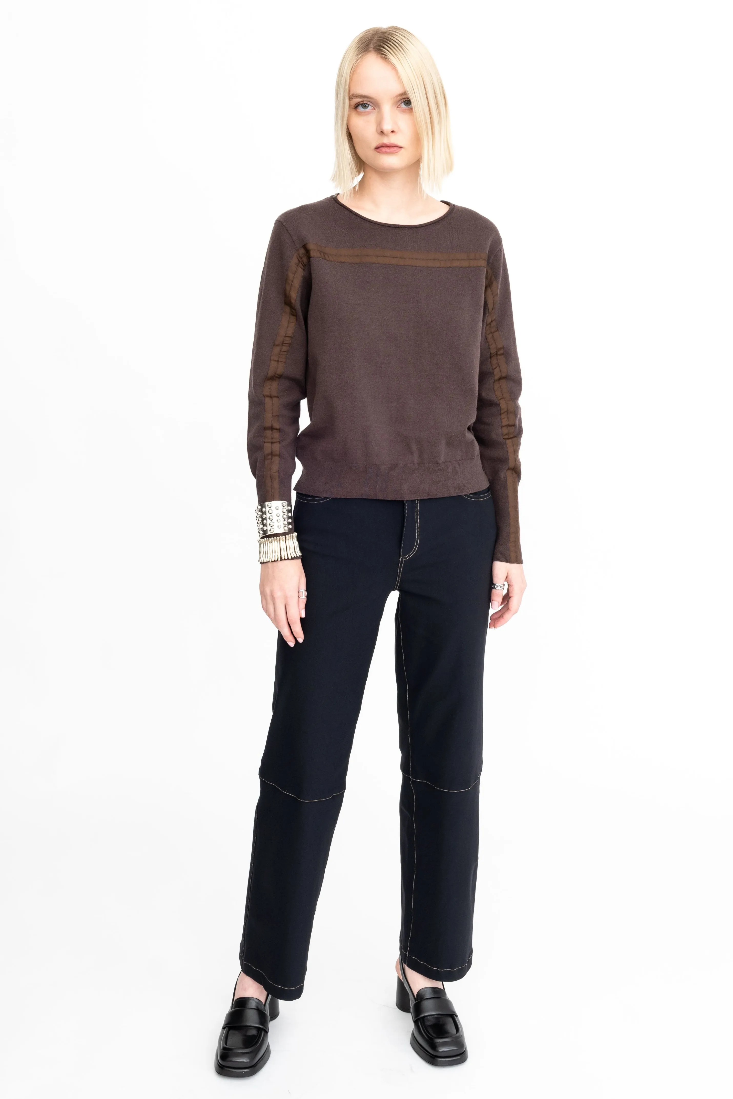 Cotton Crew Neck Knit Top with Grosgrain Trim - AMBRELLE