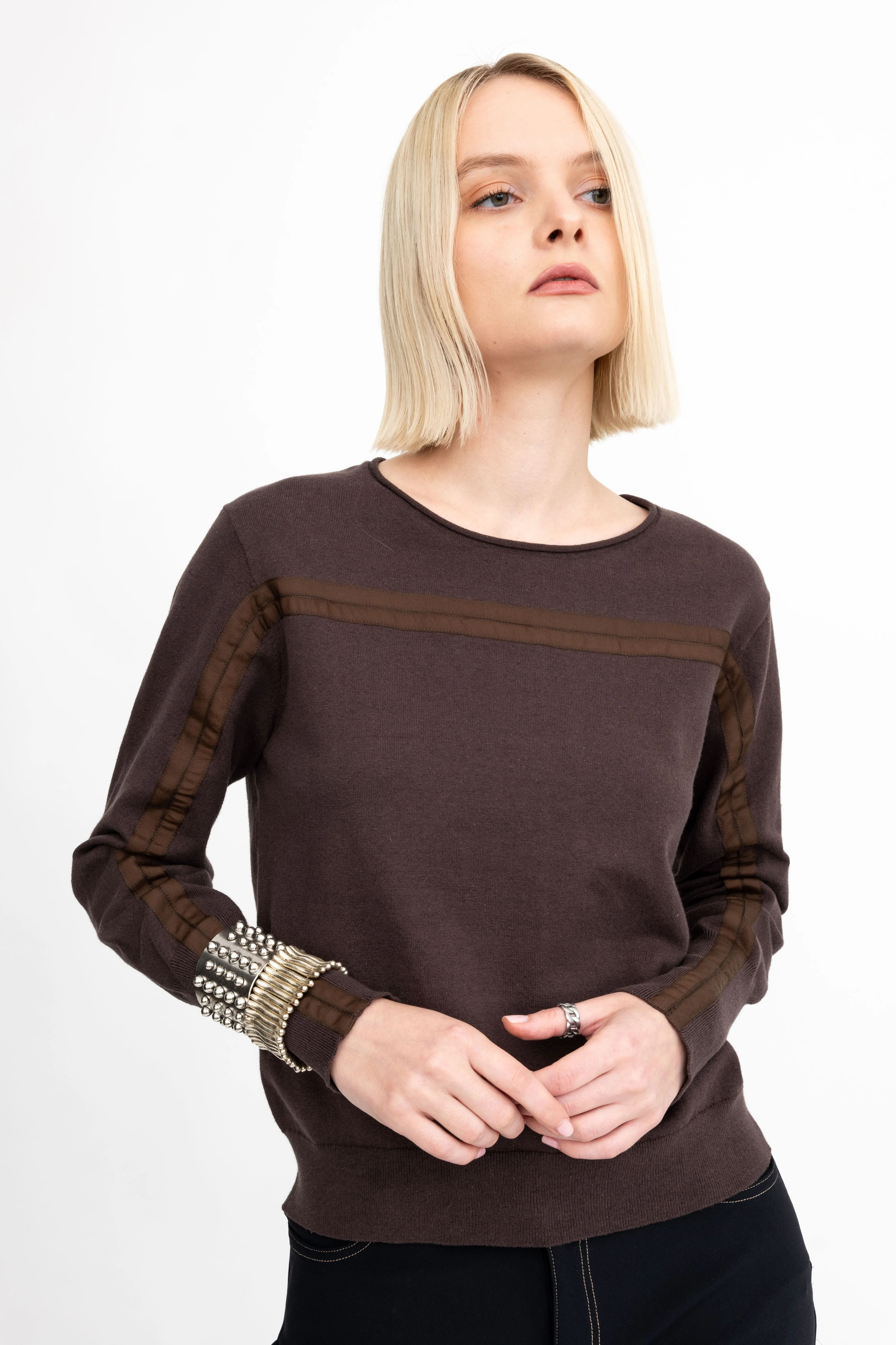 Cotton Crew Neck Knit Top with Grosgrain Trim - AMBRELLE