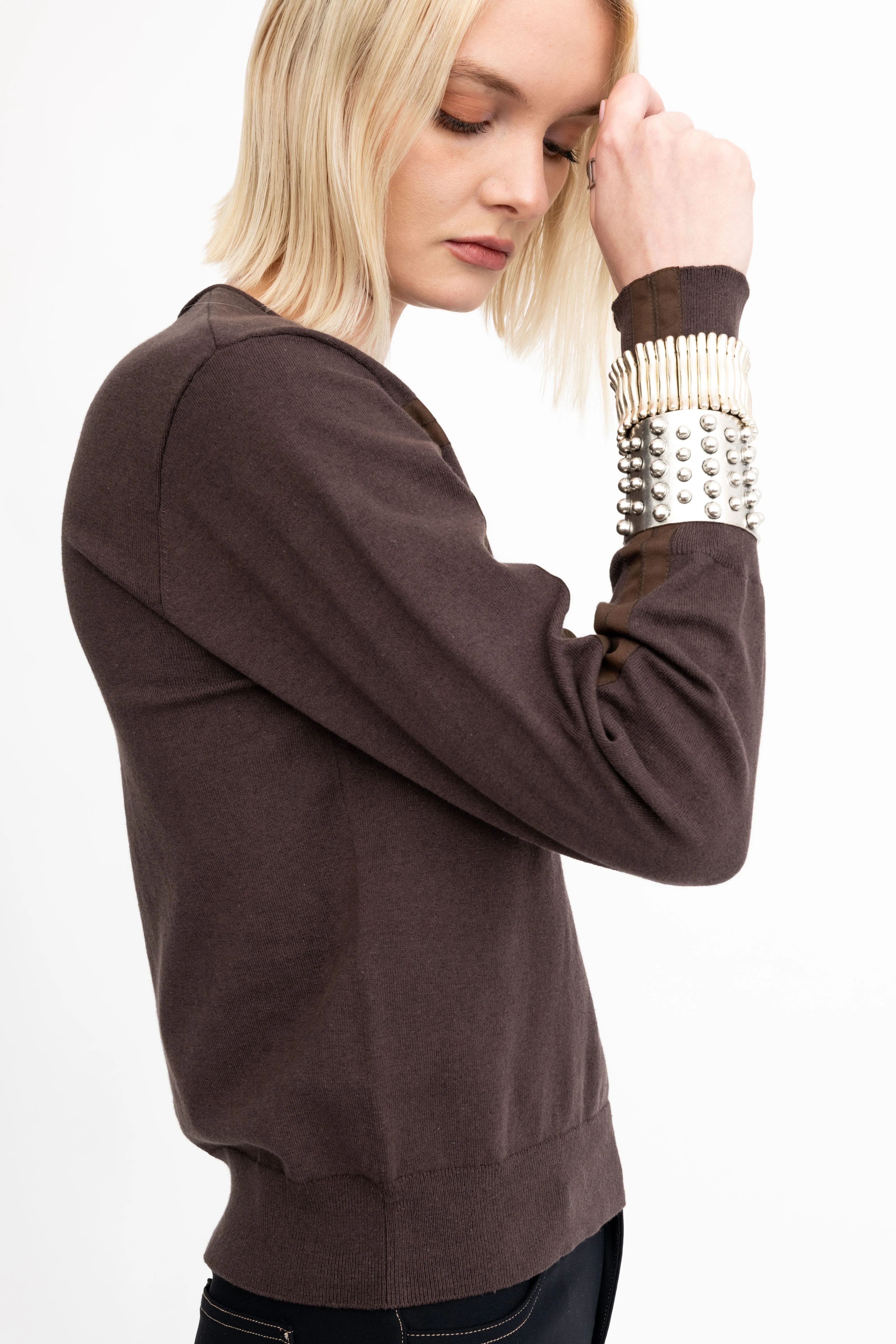Cotton Crew Neck Knit Top with Grosgrain Trim - AMBRELLE