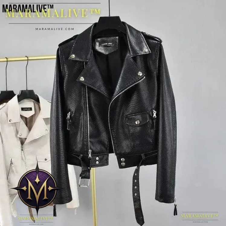 Cropped Hem Belt Vegan-Friendly Leather Biker Jacket - A Statement Piece for All Ages