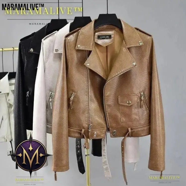 Cropped Hem Belt Vegan-Friendly Leather Biker Jacket - A Statement Piece for All Ages