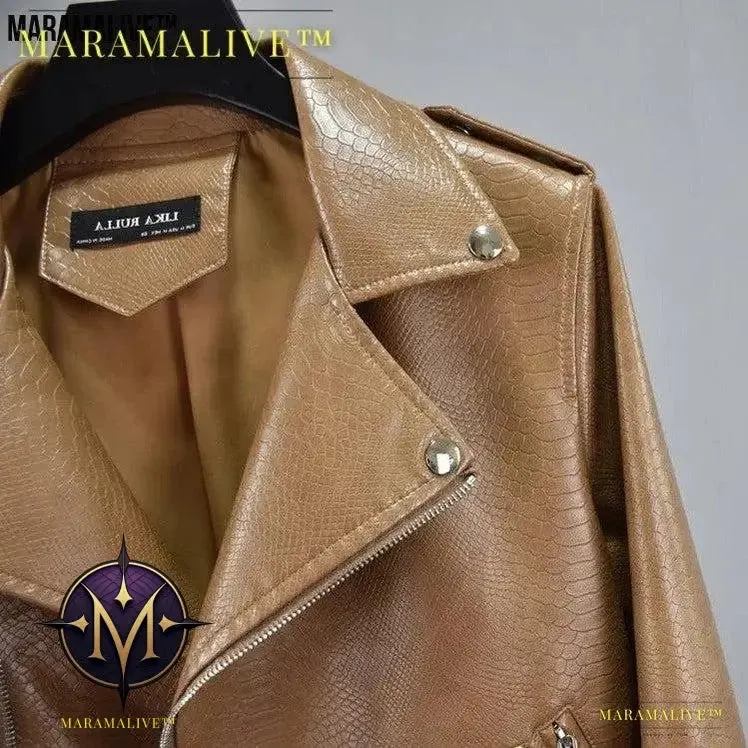 Cropped Hem Belt Vegan-Friendly Leather Biker Jacket - A Statement Piece for All Ages