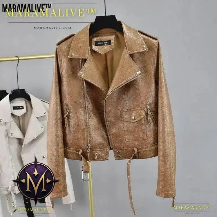 Cropped Hem Belt Vegan-Friendly Leather Biker Jacket - A Statement Piece for All Ages