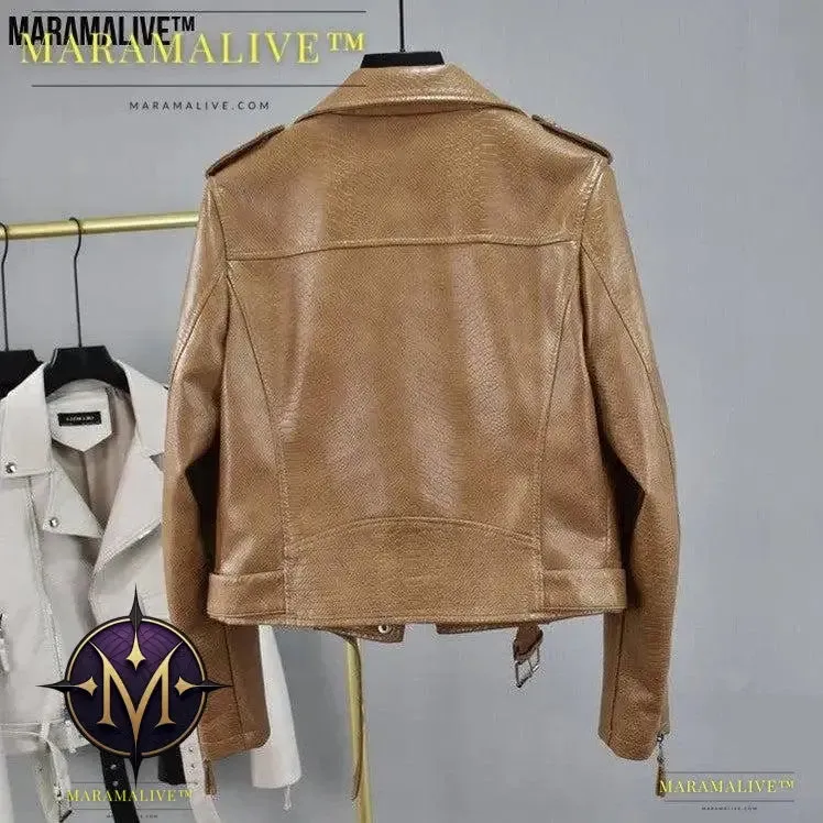Cropped Hem Belt Vegan-Friendly Leather Biker Jacket - A Statement Piece for All Ages