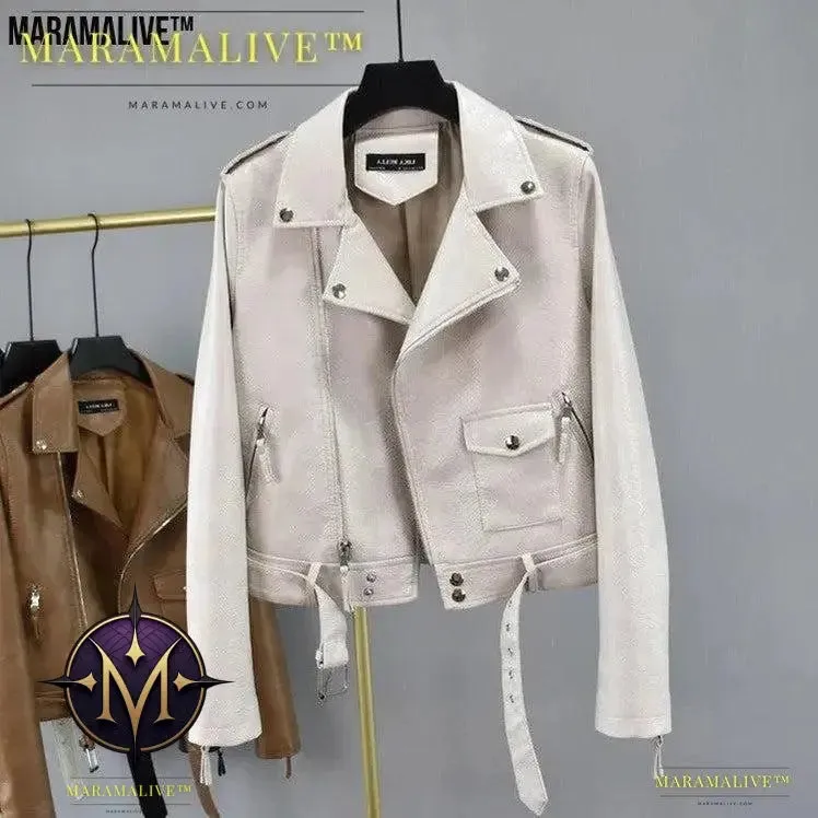 Cropped Hem Belt Vegan-Friendly Leather Biker Jacket - A Statement Piece for All Ages