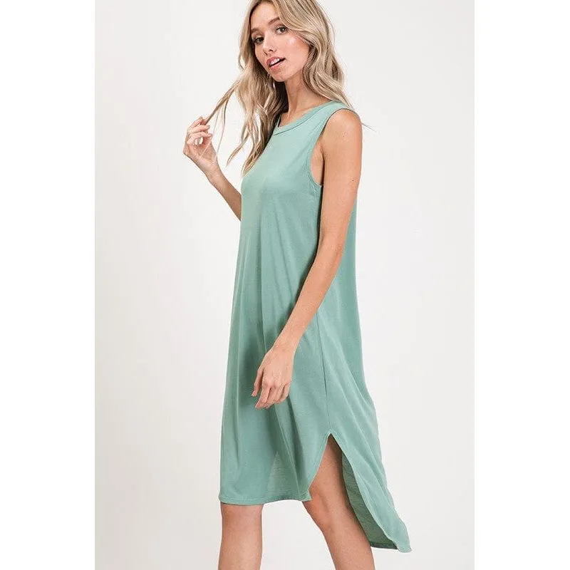 Cupro Round Neck Sleeveless Hi Low Hem Dress.