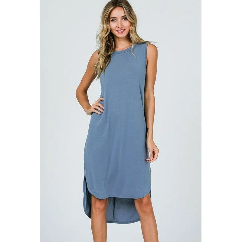 Cupro Round Neck Sleeveless Hi Low Hem Dress.