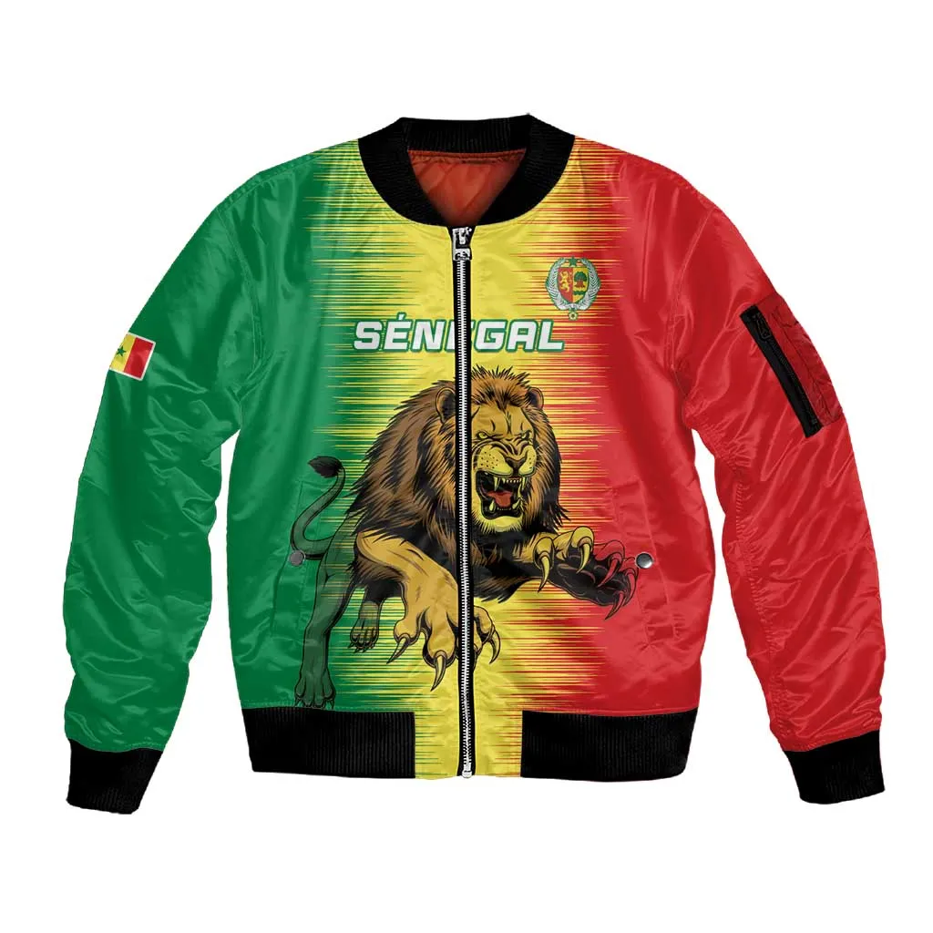 Custom Afro Senegal Football Sleeve Zip Bomber Jacket Lions of Teranga - Flag Style LT15