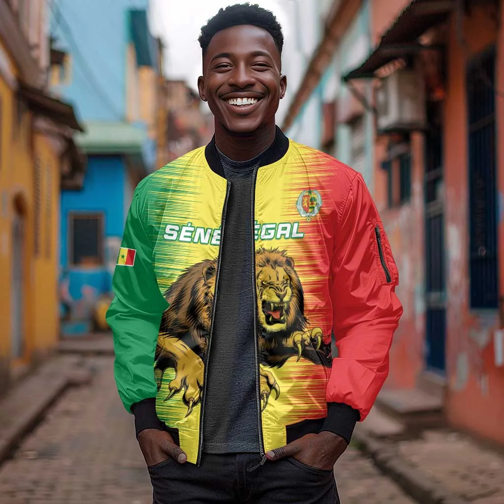 Custom Afro Senegal Football Sleeve Zip Bomber Jacket Lions of Teranga - Flag Style LT15