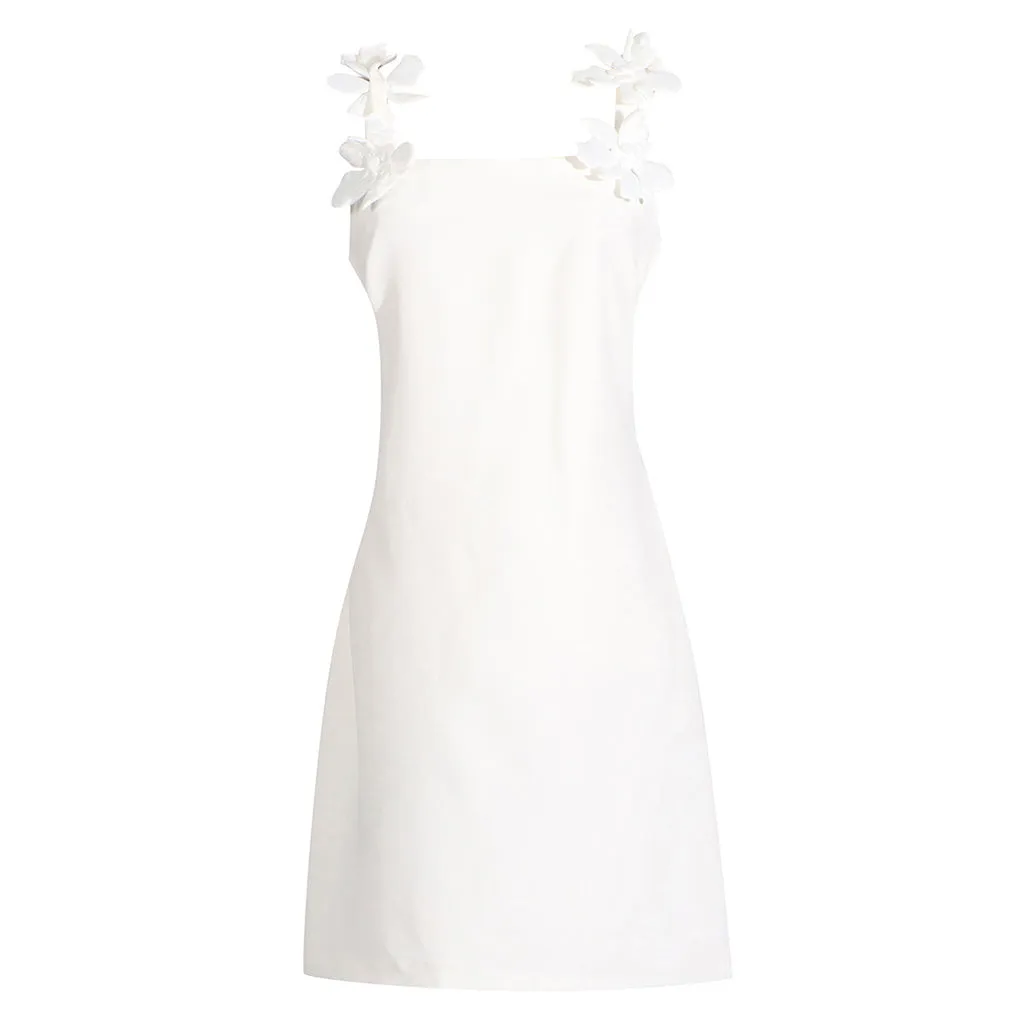 Cute Square Neck Sleeveless A Line Crepe Embroidered Rosette Mini Dress
