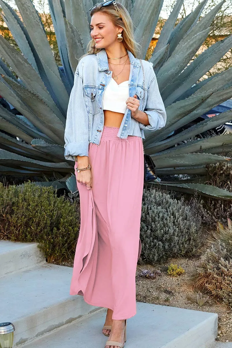 CWBLS041_SMOCKING WAIST MAXI SKIRT WITH SIDE POCKET: Black / (S) 1